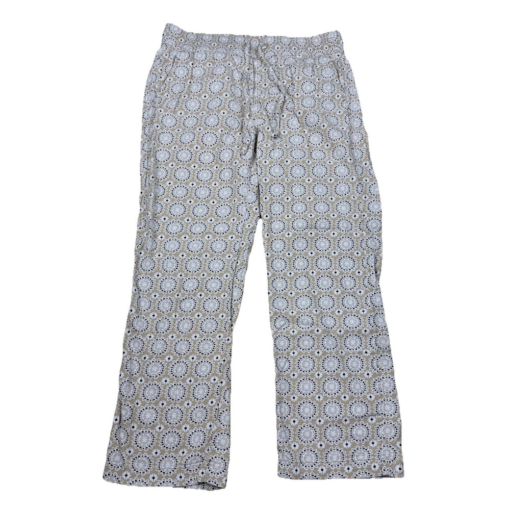 Ann Taylor Factory S Tan Linen Medallion Print Wide Leg Pants Elastic Tie Waist